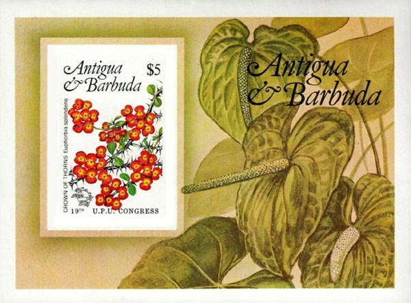 Antigua & Barbuda IMPERF. 1998 UPU Congress, Flowers 1v Mint Souvenir Sheet S/S.