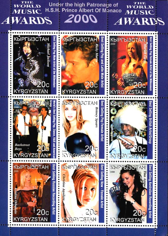 Kyrgyzstan 2000 Music Awards Britney Spears Michael Jackson 9v Mint Mini Sheet.