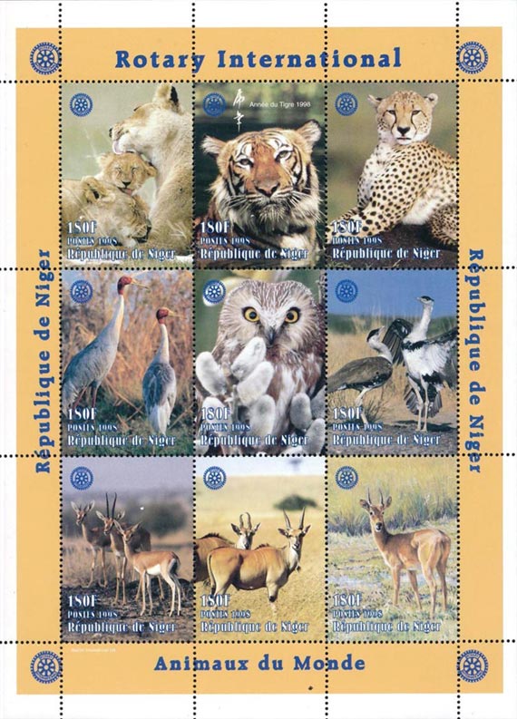 Niger 1998 Tiger Lion Deer Birds Wild Animals Rotary Int. 9v Mint Full Sheet.