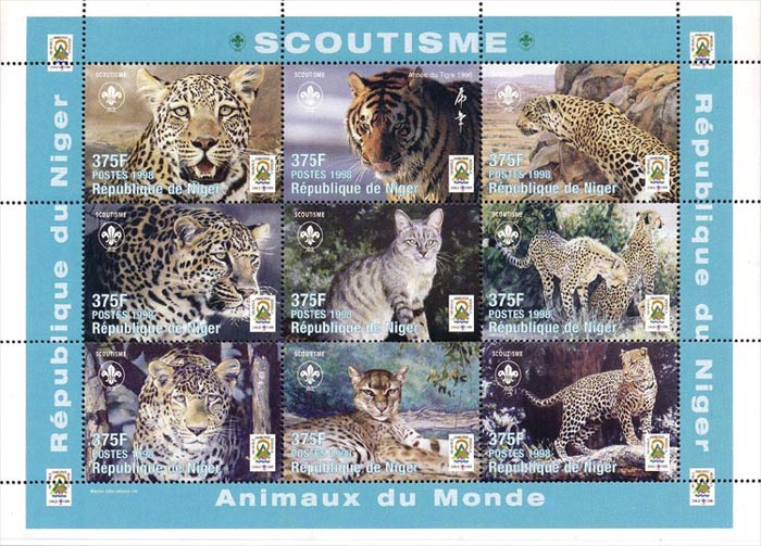 Niger 1998 Tiger Cats Cheetah Wild Animals 9v Mint Full Sheet.