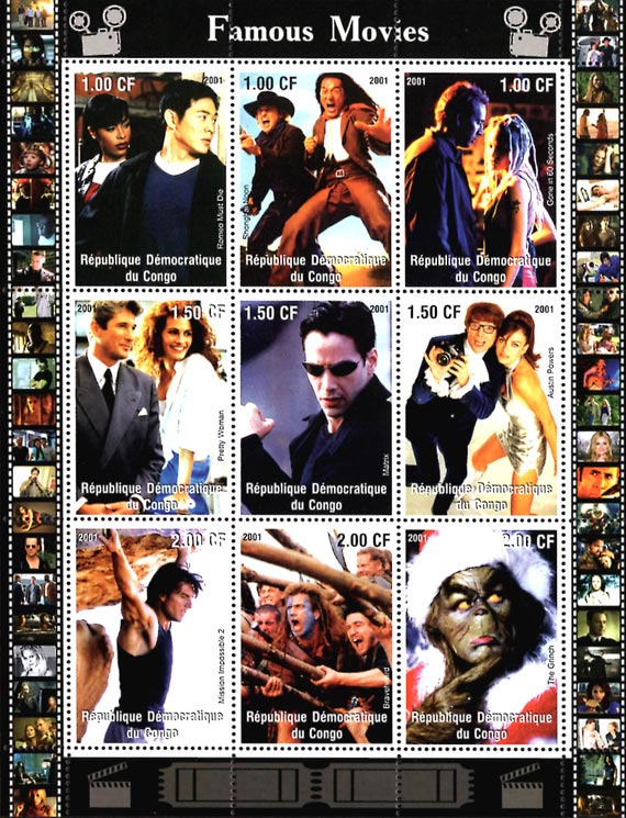 Congo 2001 Hollywood Famous Movies 9v Mint Full Sheet.