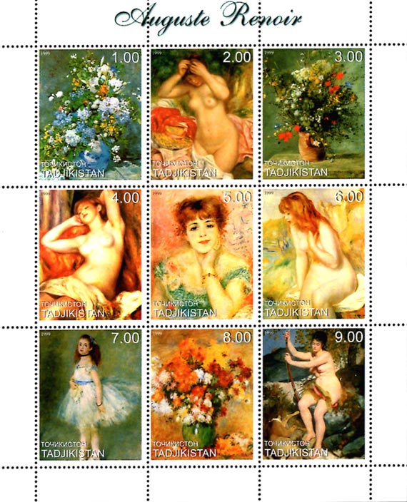 Tajikistan 1999 Famous Nude Paintings by Auguste Renoir 9v Mint Full Sheet.