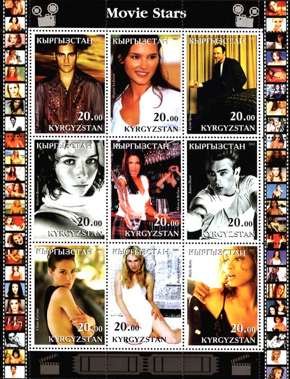 Kyrgyzstan 2001 Movie Stars Kevin Spacey, Halle Berry 9v Mint Full Sheet.