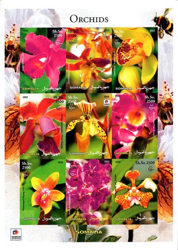 Somalia IMPERF. 2002 Orchids Flowers 9v Mint Full Sheet.