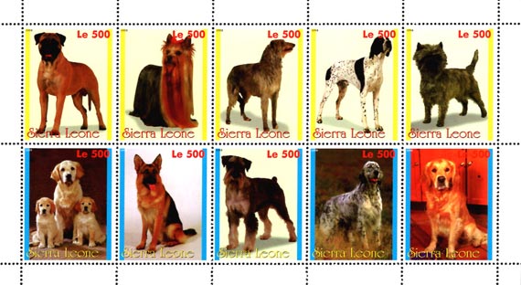 Sierra Leone 1998 Dogs German Shepherd Golden Retriever 10v Mint Full Sheet.