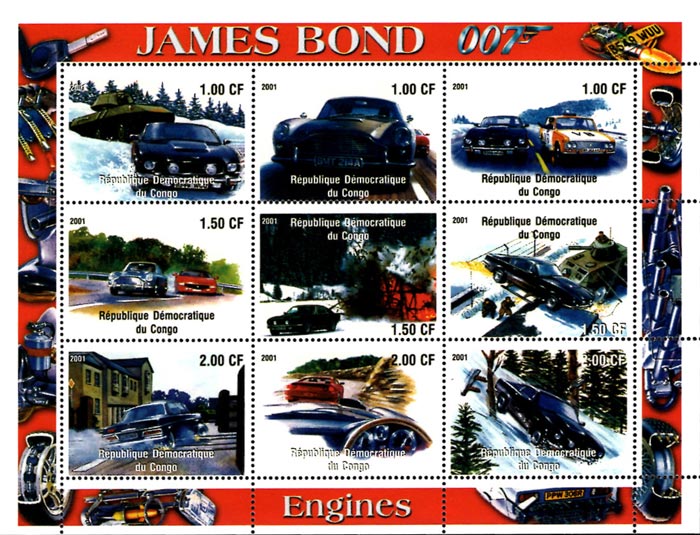 Congo 2001 James Bond's Cars Hollywood Movie Cinema 9v Mint Full Sheet.