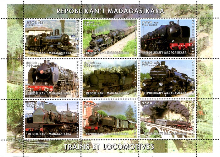 Madagascar 1999 Locomotive Trains Railways 9v Mint Full Sheet.