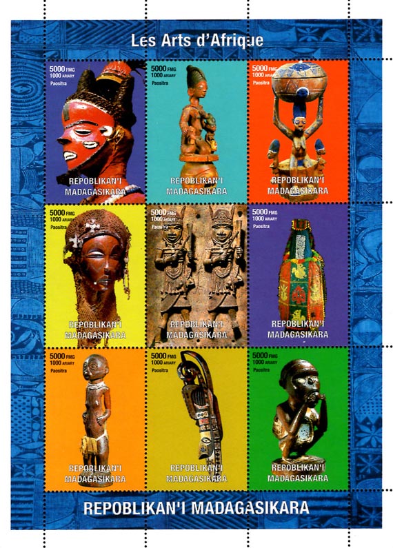 Madagascar African Wooden Sculptures Arts 9v Mint Full Sheet.