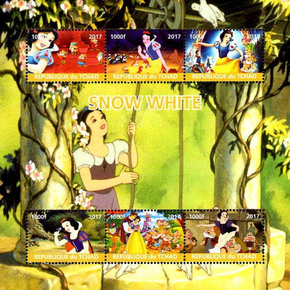 Chad 2017 Snow White, Walt Disney Cartoons 6v Mint Souvenir Sheet S/S.