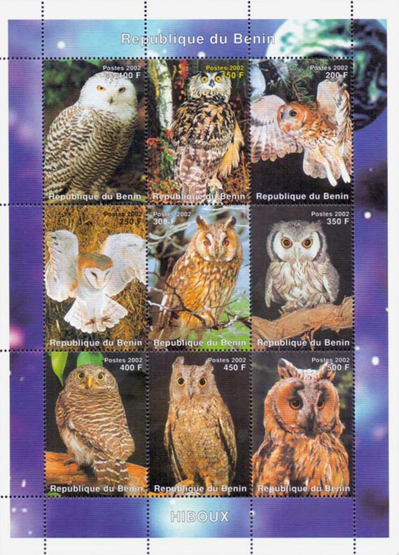 Benin 2002 Owl Birds of Prey 9v Mint Full Sheet.
