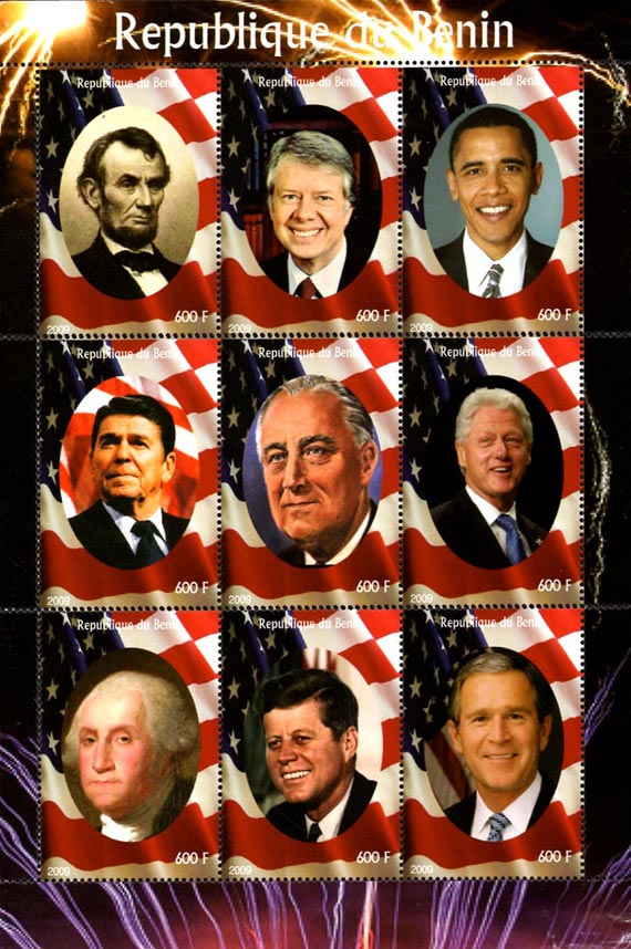 Benin 2009 US Presidents Lincoln, Obama, Bush, JFK, Clinton 9v Mint Full Sheet.