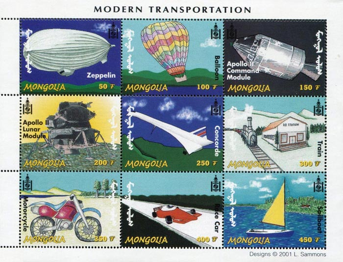 Mongolia 2001 Modern Transportation Train Concorde Space 9v Mint Full Sheet.