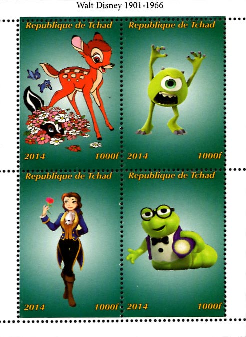 Chad 2014 Walt Disney Bambi Monsters Inc Belle Cartoons 4v Mint Souvenir Sheet S/S.