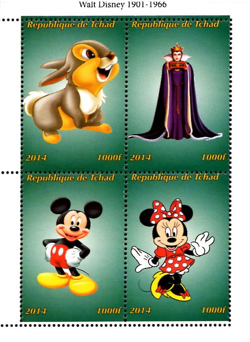 Chad 2014 Walt Disney Thumper Minnie Mickey Mouse Cartoons 4v Mint Souvenir Sheet S/S.