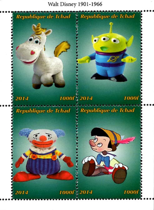 Chad 2014 Walt Disney Toy Story Pinocchio Cartoons 4v Mint Souvenir Sheet S/S.