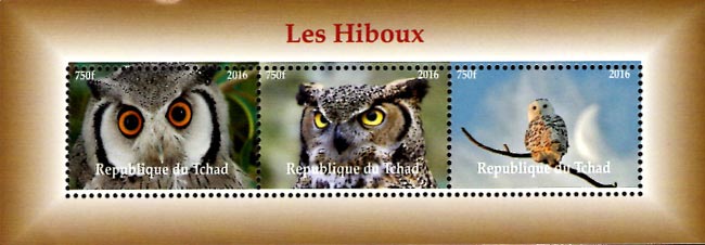Chad 2016 Owls Birds of Prey 3v Mint Souvenir Sheet S/S.