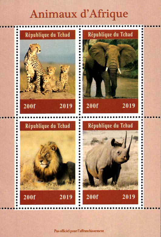 Chad 2019 African Wild Animals Cheetah Elephant Lion Rhino 4v Mint Souvenir Sheet S/S.