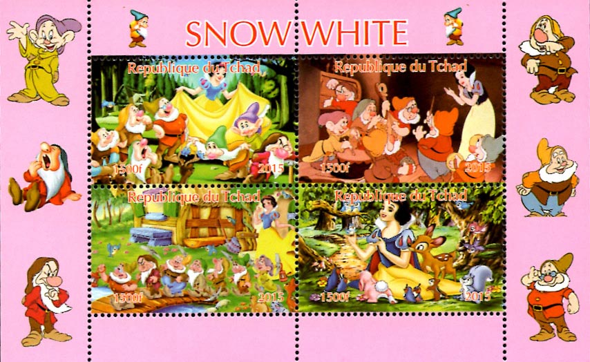 Chad 2015 Snow White, Disney Cartoons 4v Mint Souvenir Sheet S/S.