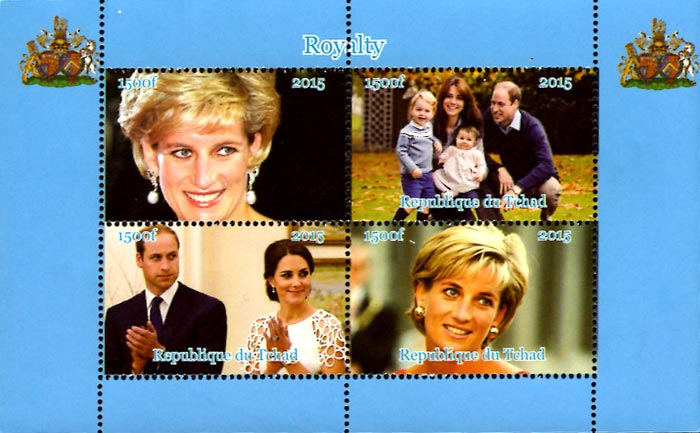 Chad 2015 Princess Diana, Prince William, Catherine Royalty 4v Mint Souvenir Sheet S/S.