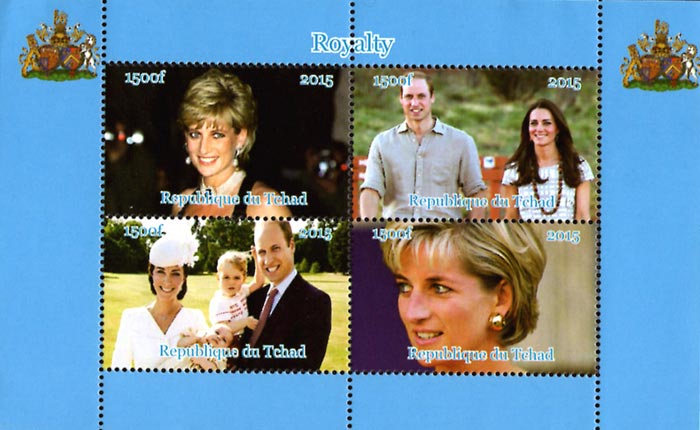 Chad 2015 Royalty Princess Diana, Prince William, Catherine 4v Mint Souvenir Sheet S/S.
