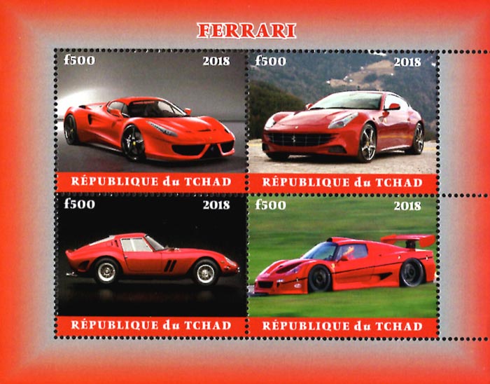 Chad 2018 Ferrari Racing Cars 4v Mint Souvenir Sheet S/S.