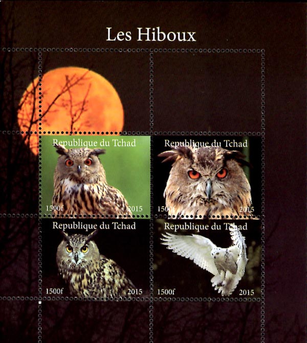 Chad 2015 Owls Birds of Prey 4v Mint Souvenir Sheet S/S.