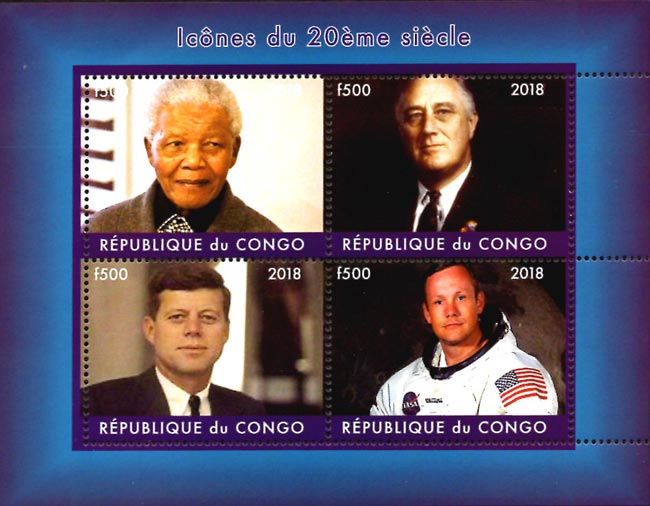 Congo 2018 Famous People Nelson Mandela, Kennedy, Roosevelt, Neil Armstrong Mint S/S.