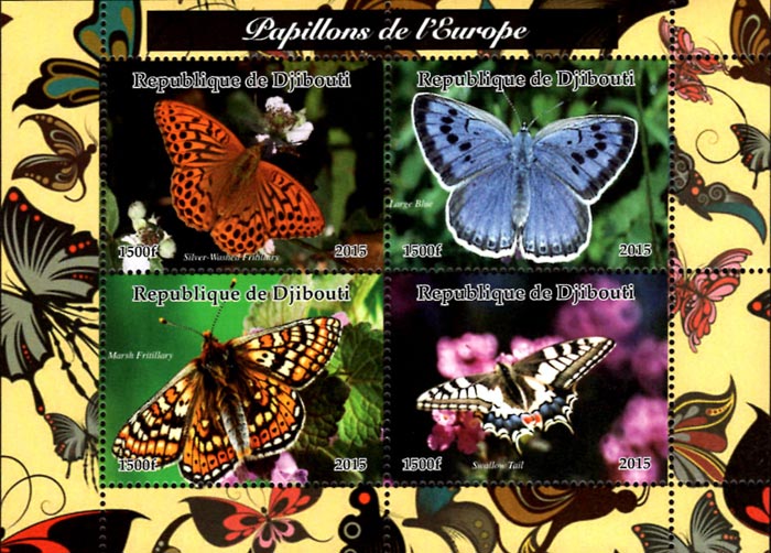 Djibouti 2015 Butterfly Moth 4v Mint Souvenir Sheet S/S.