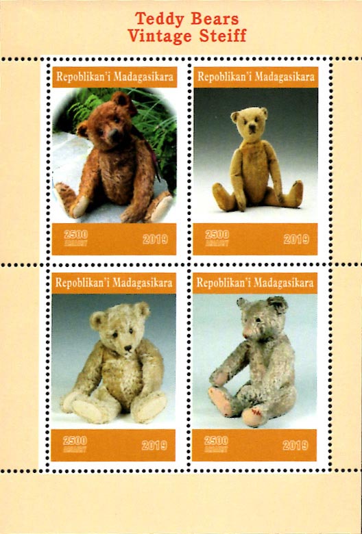 Madagascar 2019 Vintage Steiff Teddy Bears Dolls 4v Mint Souvenir Sheet S/S.