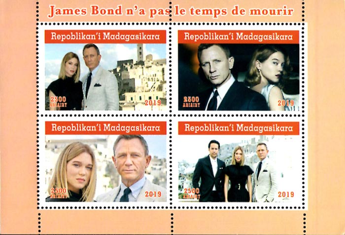 Madagascar 2019 James Bond 007 Hollywood Movie, Cinema 4v Mint Souvenir Sheet S/S.