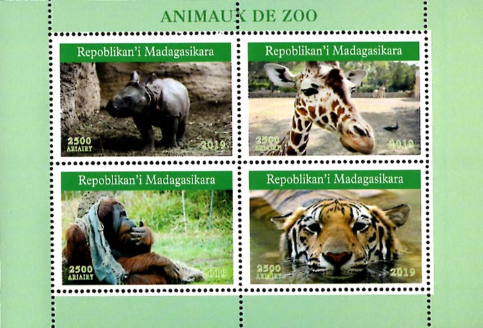 Madagascar 2019 Zoo Giraffes Tigers Rhinos Animals 4v Mint Souvenir Sheet S/S.