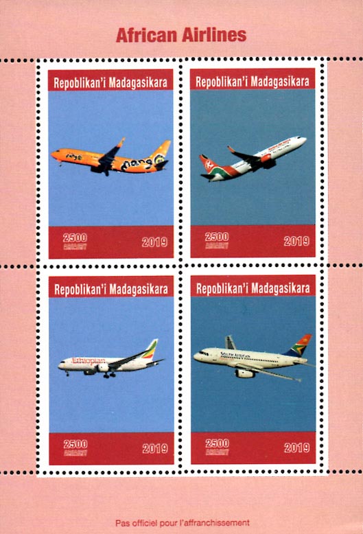 Madagascar 2019 Aeroplanes Aviation 4v Mint Souvenir Sheet S/S.