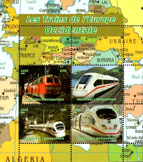 Madagascar 2015 Eastern European Trains Railways Transports Maps 4v Mint Souvenir Sheet S/S.