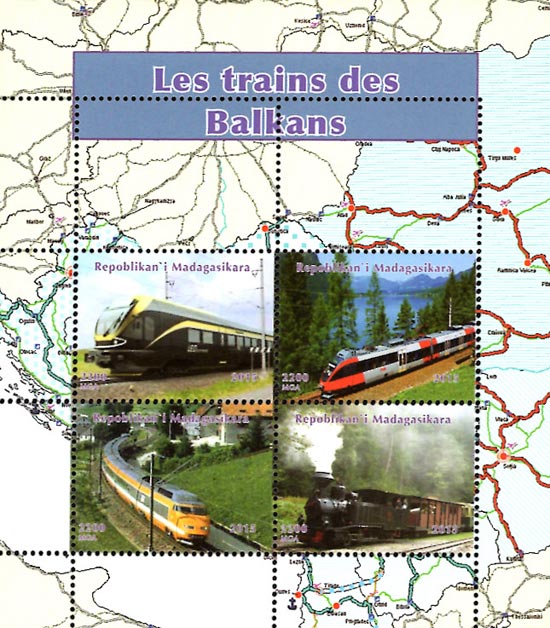 Madagascar 2015 Balkans Trains Railways Transports Map 4v Mint Souvenir Sheet S/S.