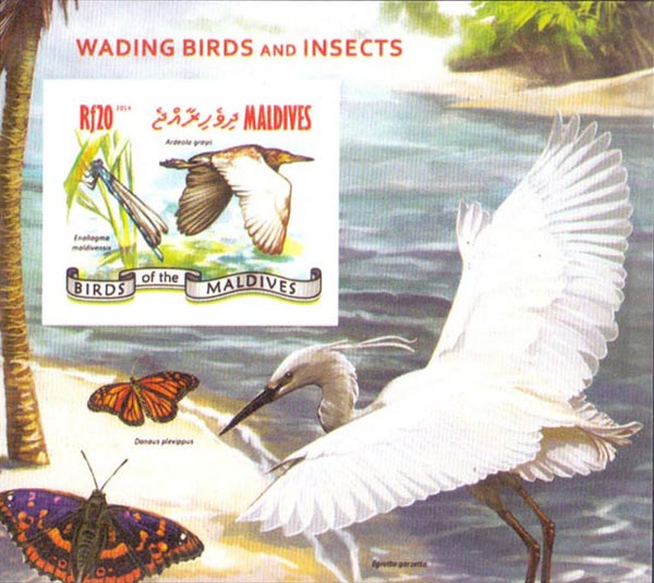 Maldives IMPERF. 2014 Wading Birds, Insects Dragonfly Mint Souvenir Sheet S/S.