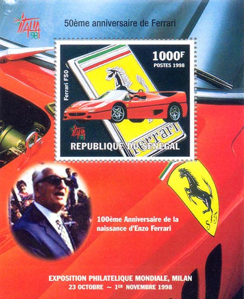Senegal 1998 Ferrari Motor Cars Automobile Transports Italia 1v Mint Souvenir Sheet S/S.