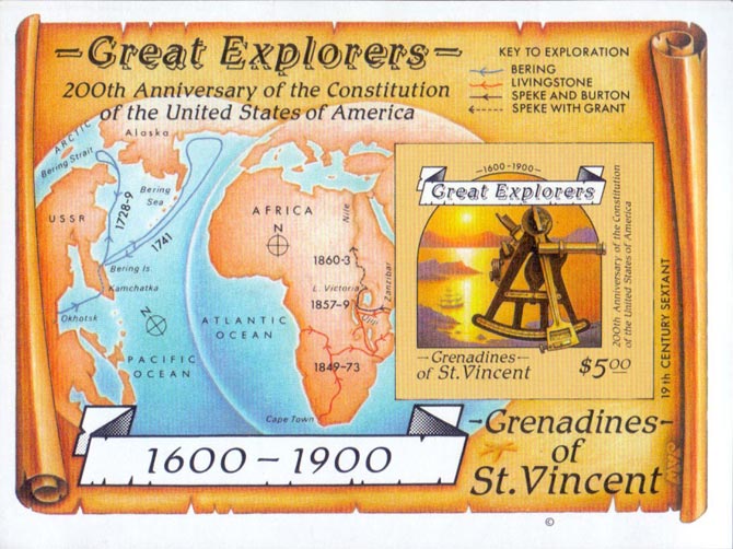 Grenadines of St. Vincent IMPERF 1987 Great Explorers (1600-1900) Map Globe $5 Mint S/S.