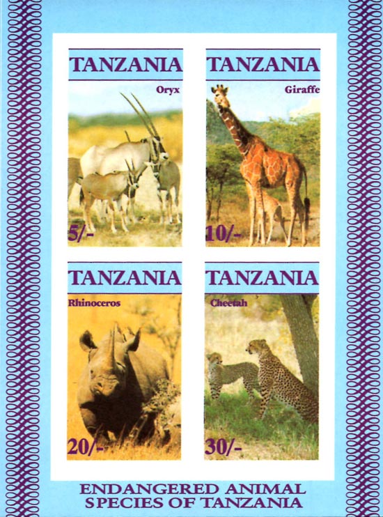 Tanzania IMPERF. 1986 Endangered Animals Wildlife 4v Mint Souvenir Sheet S/S.