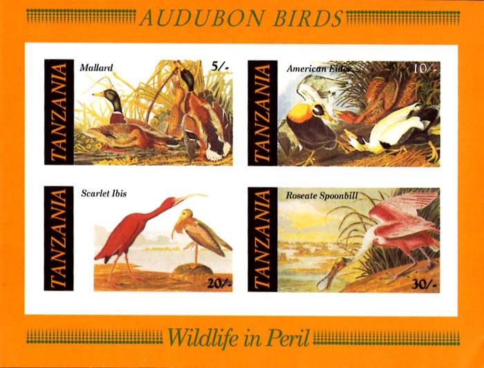 Tanzania IMPERF. 1986 Audubon Birds Duck Spoonbill 4v Mint Souvenir Sheet S/S.
