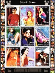 Kyrgyzstan 2001 Movie Stars Antonio Banderas Carrie-Anne Moss 9v Mint Full Sheet.