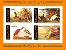 Tanzania IMPERF. 1986 Audubon Birds Duck Spoonbill 4v Mint Souvenir Sheet S/S.