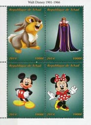 Chad 2014 Walt Disney Thumper Minnie Mickey Mouse Cartoons 4v Mint Souvenir Sheet S/S.