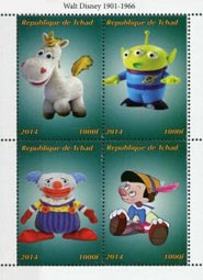 Chad 2014 Walt Disney Toy Story Pinocchio Cartoons 4v Mint Souvenir Sheet S/S.
