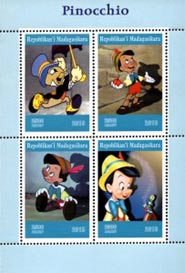 Madagascar 2019 Pinocchio Jiminy Cricket Disney Cartoon Characters 4v Mint Souvenir Sheet S/S.