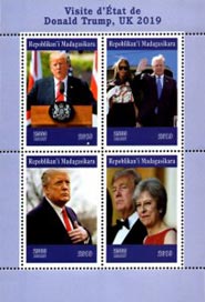 Madagascar 2019 Donald Trump, Melania Trump, Theresa May UK Visit 4v Mint Souvenir Sheet S/S.