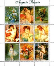 Tajikistan 1999 Famous Nude Paintings by Auguste Renoir 9v Mint Full Sheet.