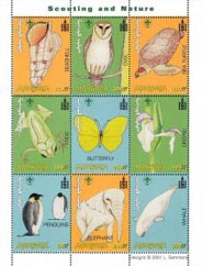 Mongolia 2001 Butterfly Owl Bird Penguin Turtle Elephant Scouting 9v Mint Full Sheet.